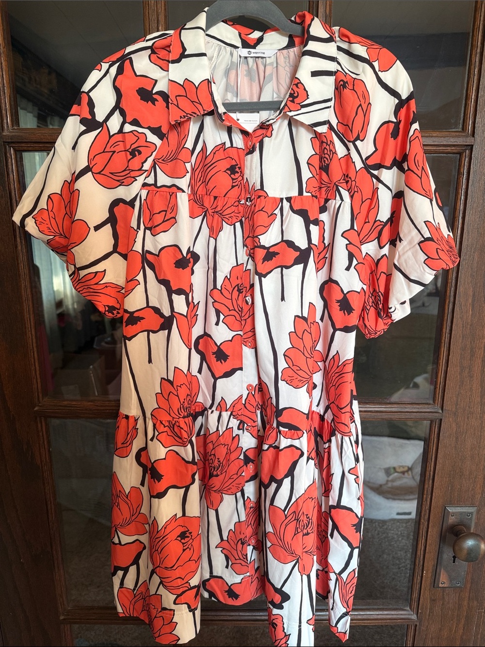 Wenrine Orange Floral Tiered Babydoll Mini Dress Short Sleeve Pockets XL NWT